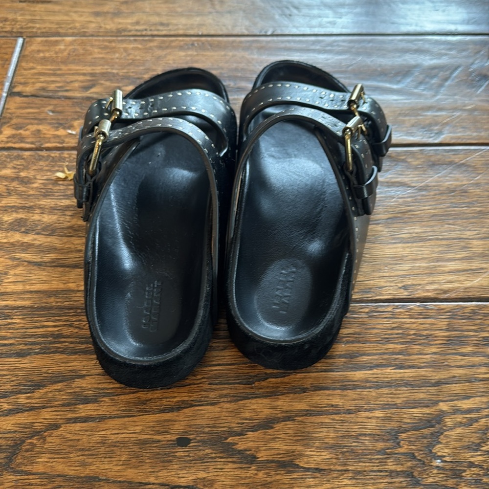 Isabel Marant Black Leather Studded Double-Buckle Slide Sandals - Picture 2 of 3